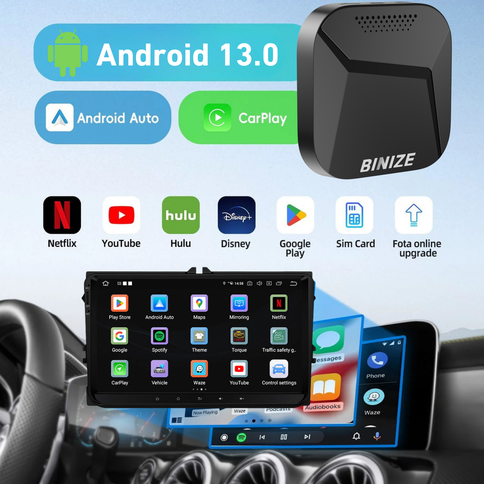 BINIZE B2 Pro Android 13 CarPlay AI BOX for OEM Car with Wired CarPlay/Android Auto
