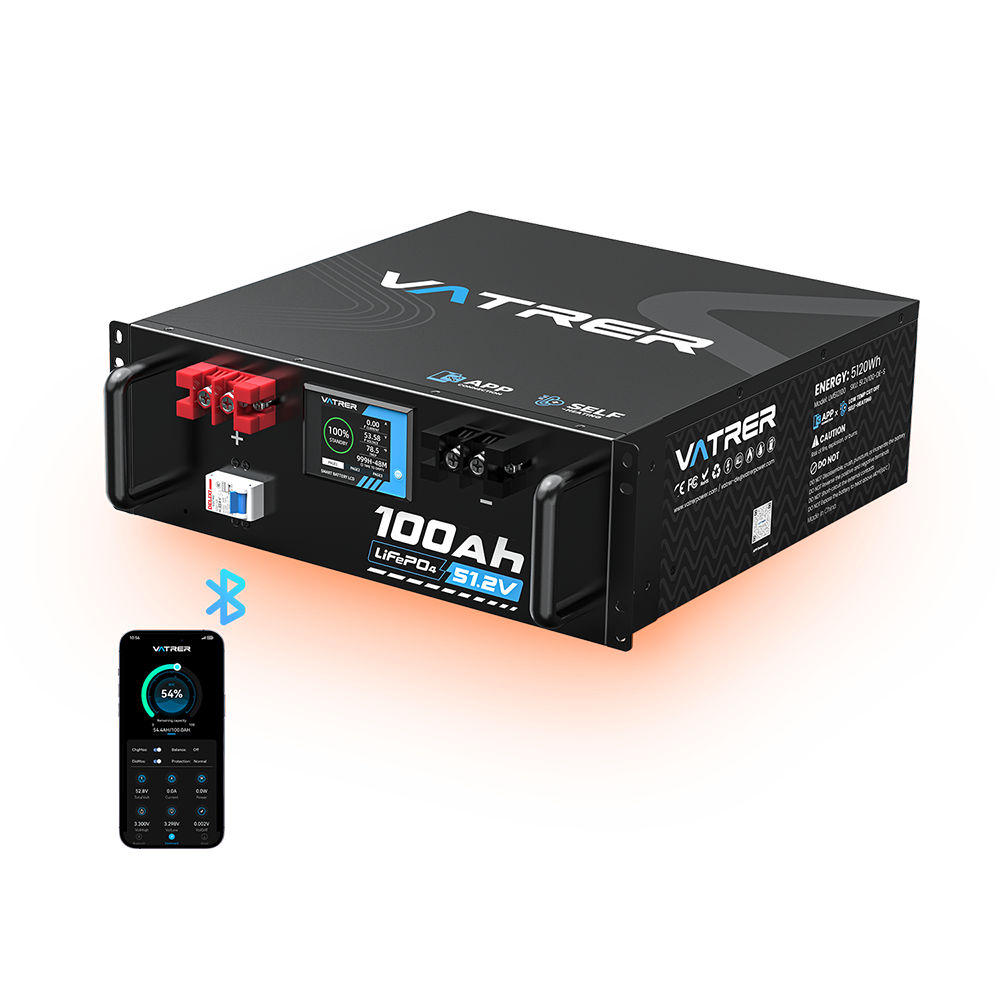 Vatrer 48V (51.2V) 100Ah Bluetooth Heated Server Rack Lithium Solar Battery