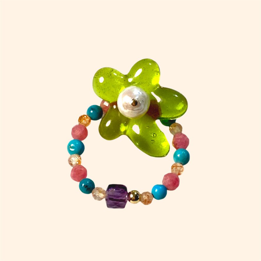 Colorful 14K Gold-Filled CHILDHOOD | Floral Pearl Ring Handmade Colorful Gemstone Ring | LING LAN Jewelry