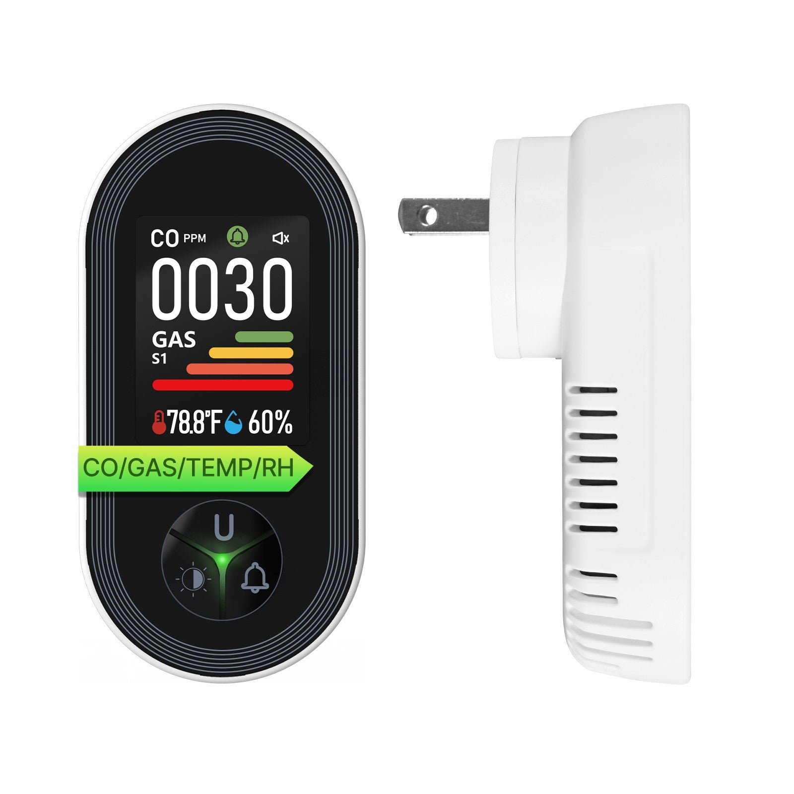 Carbon Monoxide & Natural Gas Detector Plug in, 4 in 1 Temperature Humidity Sensor Built-in Alarm Sound Warning(Non-Smart)