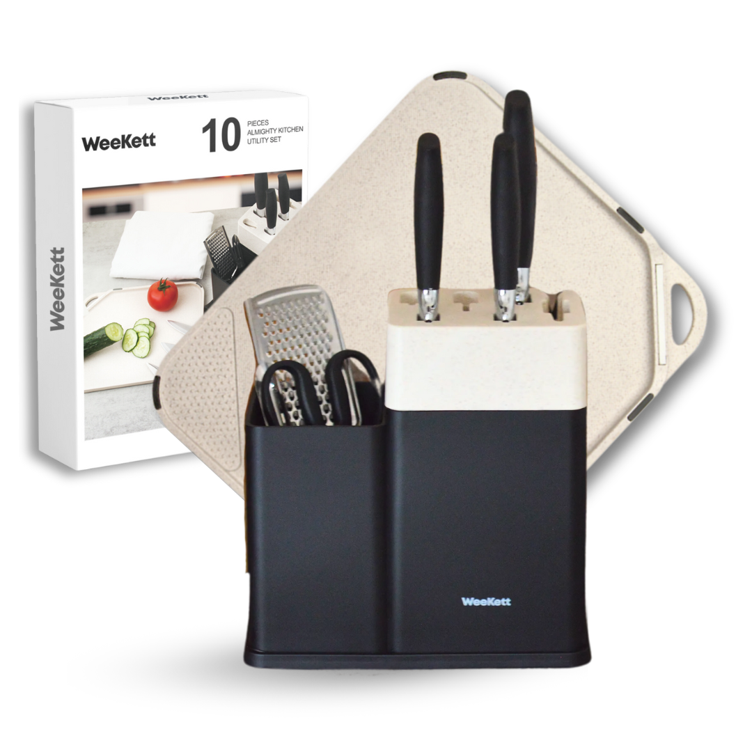 Knife Set with Block, 10 Pieces with Built-in Sharpener, Scissors, Peeler, Grater, Chopping Board - Dishwasher Safe, Rust-Resistant