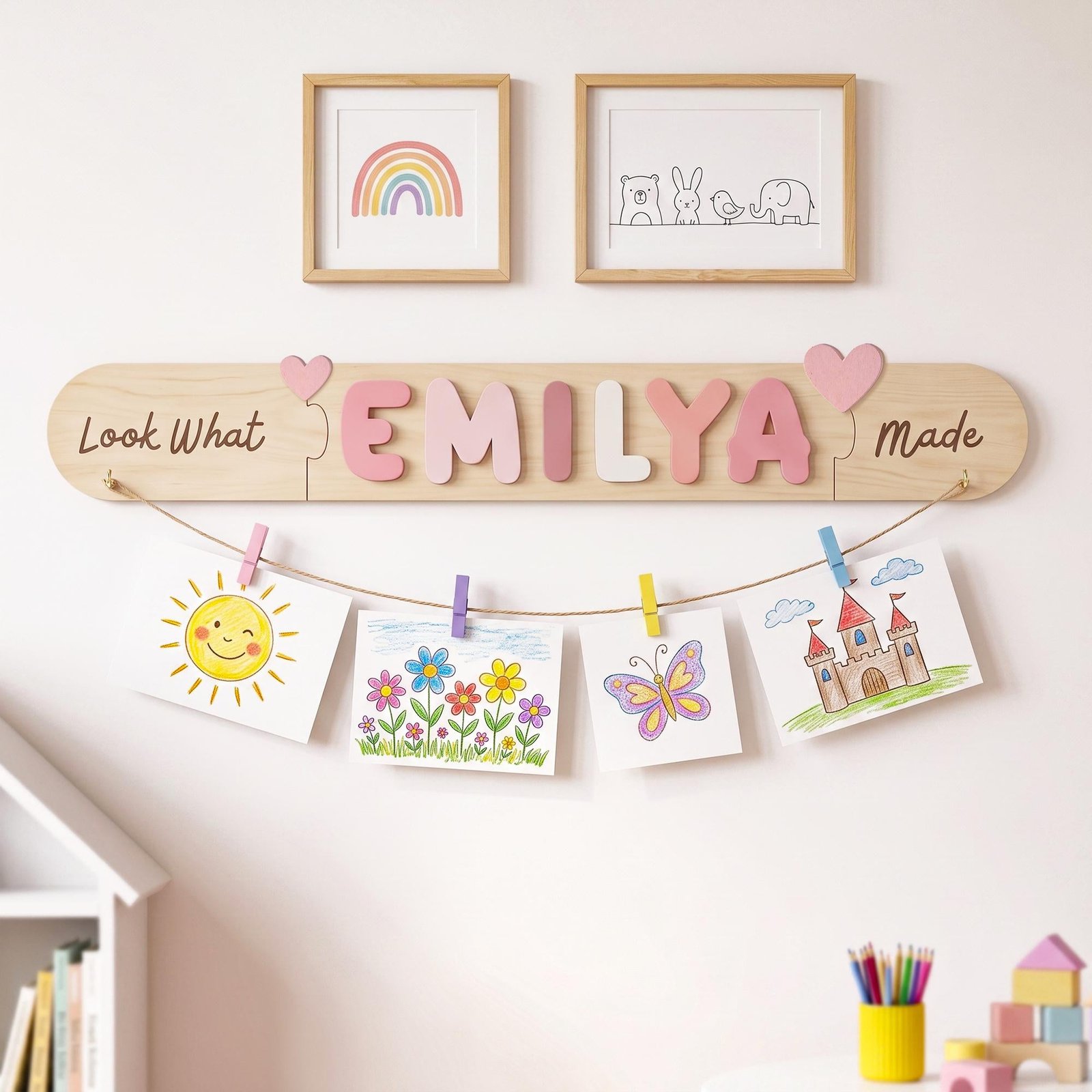Personalized Kids Artwork Display Board with Wooden Name -Custom Kids Room Wall Decor