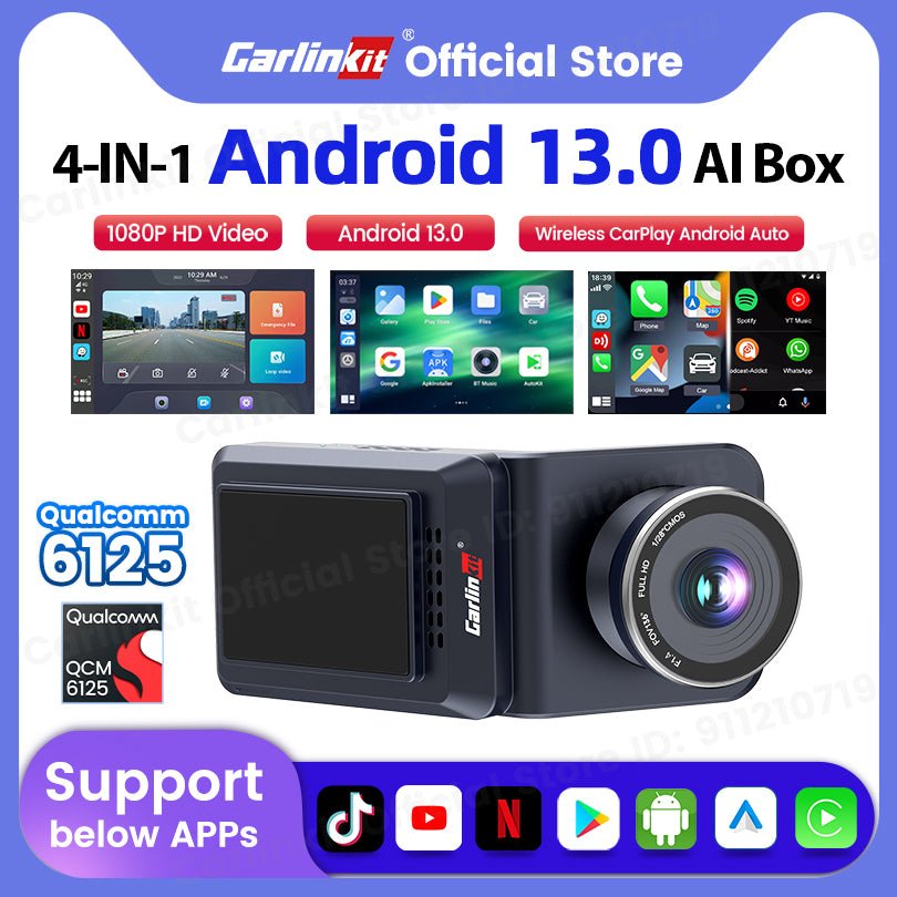 CarlinKit QCM 6125 Android 13 Wireless Carplay Al Box Android Auto HD Dash Cam 1080P YouTube Netflix Google Play Mini TV Box