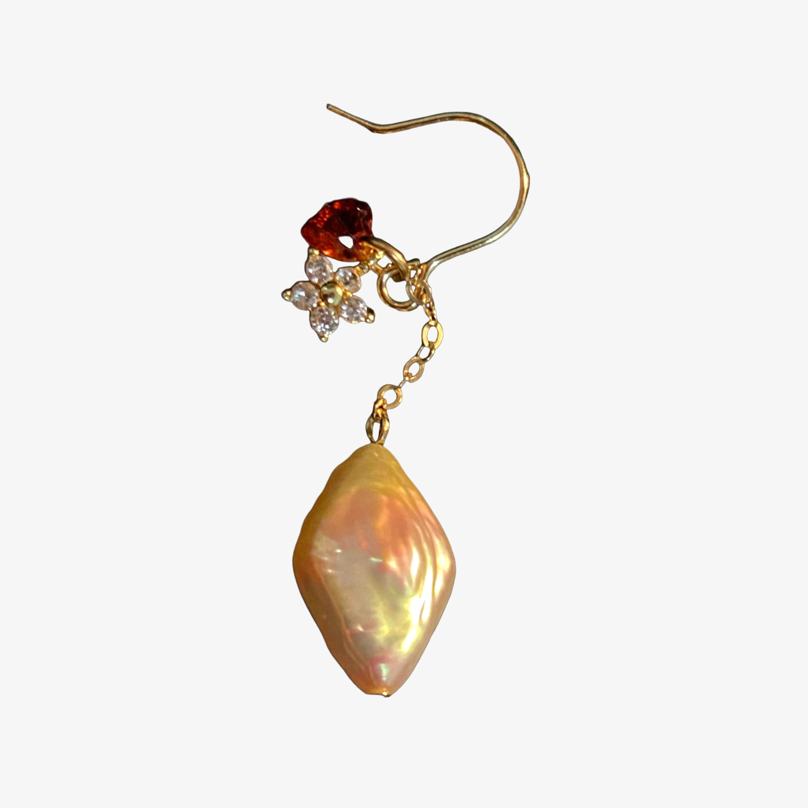 14K Gold-Filled WIND Leaf Pearl Earrings Romantic Red Heart Zircon Accent- 1 pair