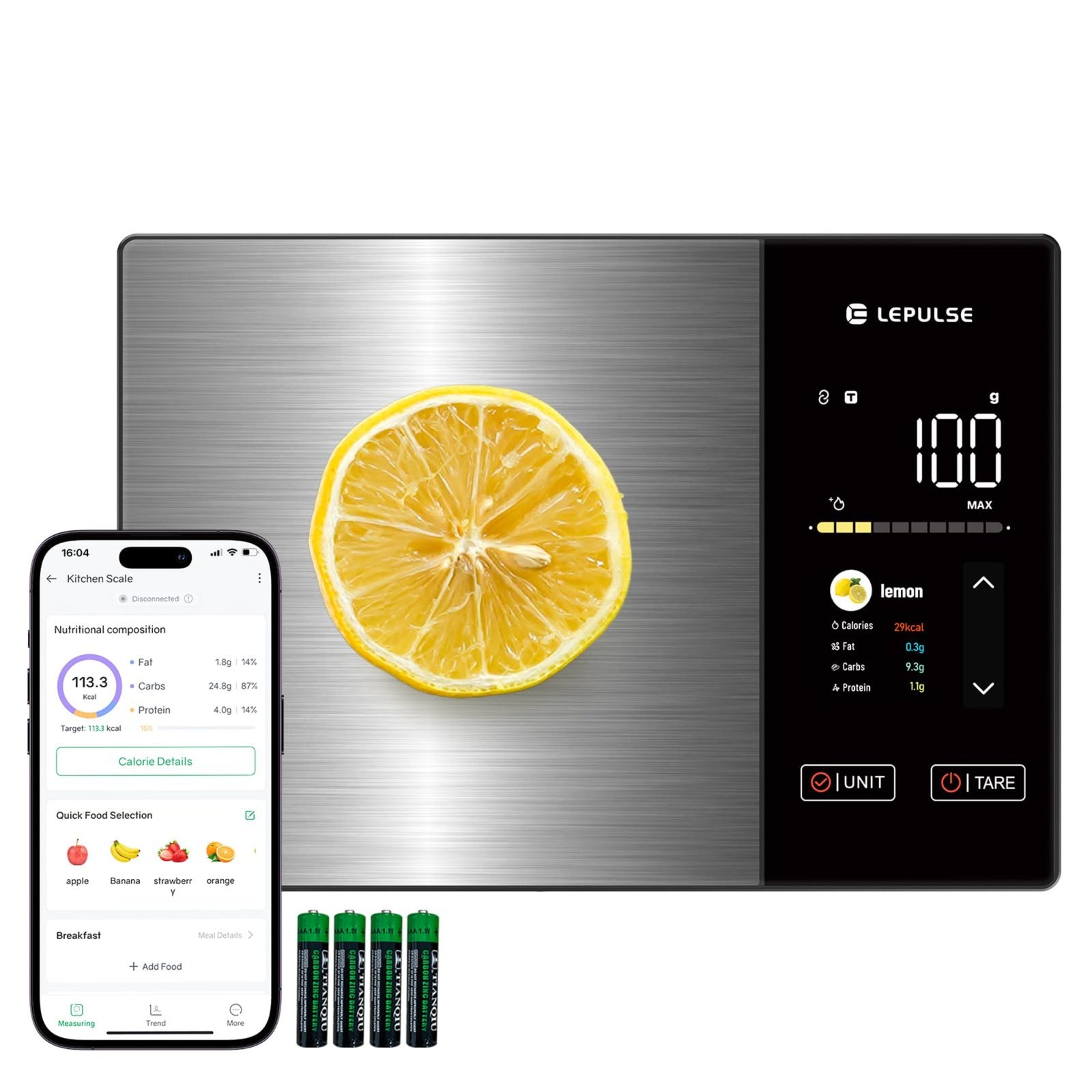 Lepulse Food Scale with Nutritional Calculator, Smart Digital Kitchen Scale for Weight Loss, App with 23 Nutrients Tracking, Calorie, Fat, Carbs, Premium Stainless Steel, 11lb