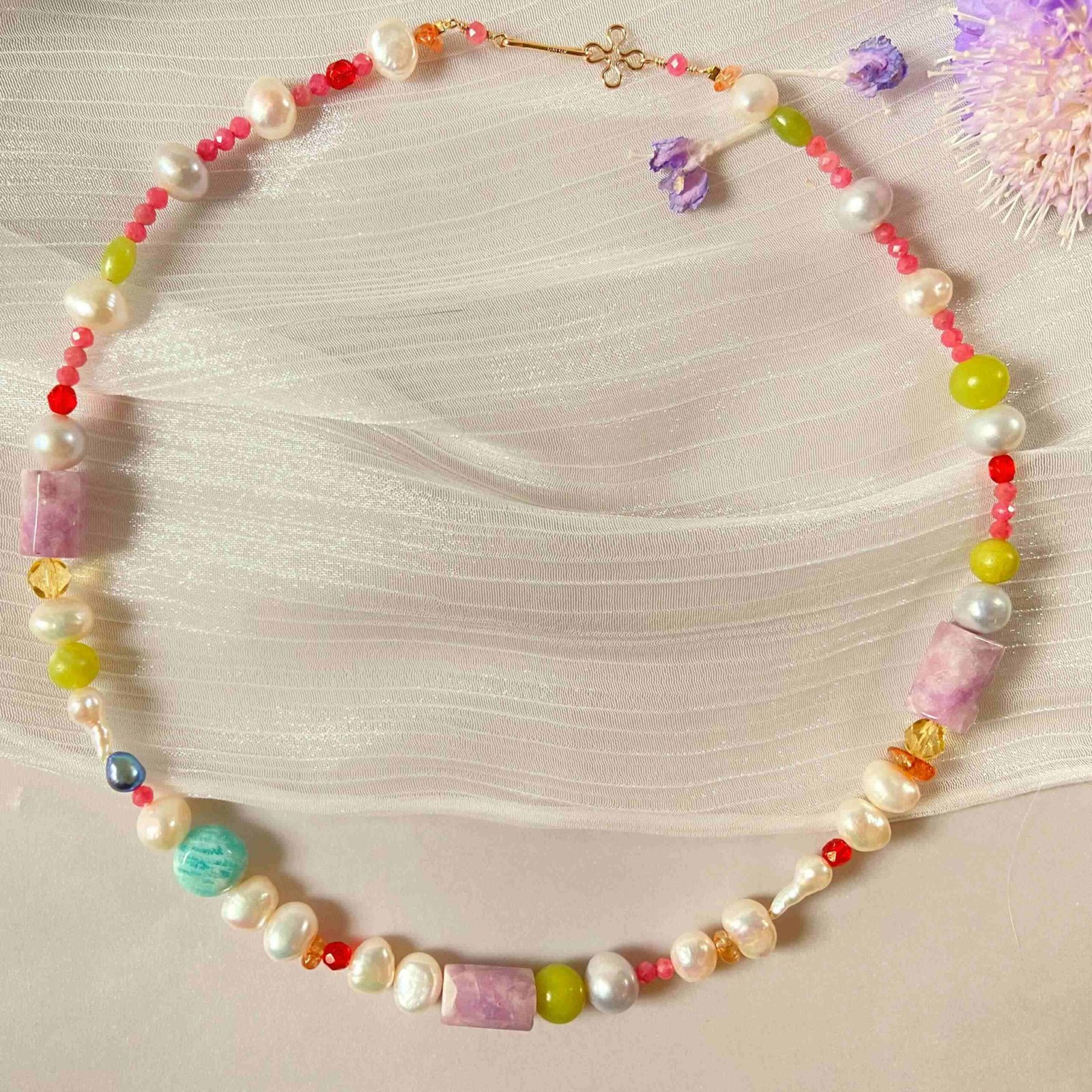 14K Gold-Filled HOLIDAY Colorful Gemstone Pearl Necklace Unique Holiday Elegance by LING LAN Jewelry